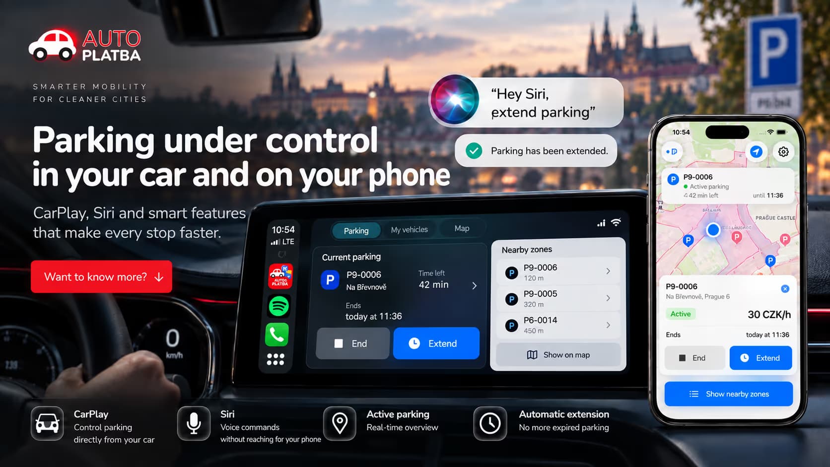 Autoplatba in CarPlay and on iPhone, with a Siri parking command