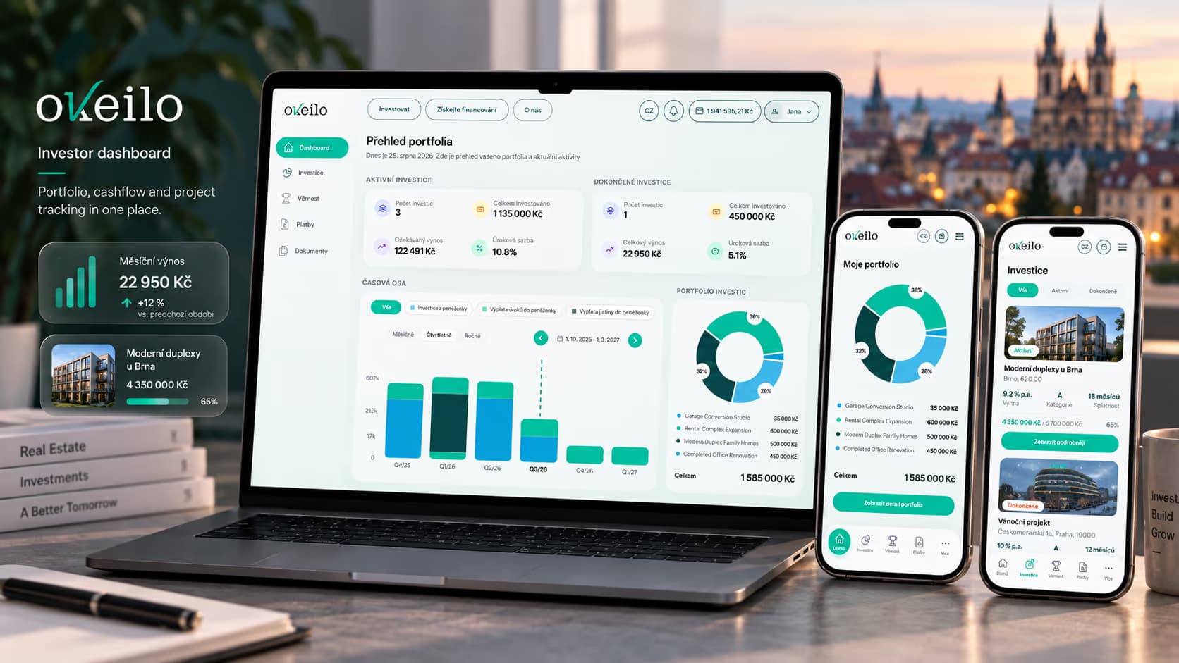 Investorský dashboard Okeilo s portfoliem a cashflow